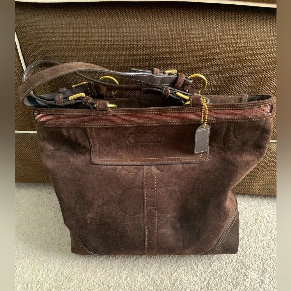 Coach limited edition signature gallery tote suede, dark brown beaded
